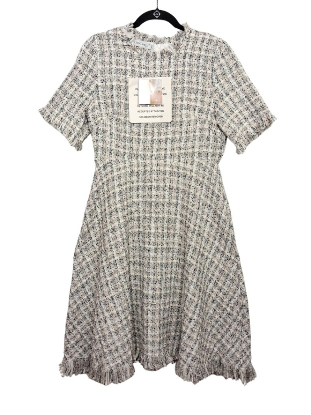 CHICWISH Tweed Dress Frayed A Line Cream Black Short Sleeve Large NWT